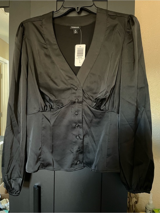 torrid Tops - torrid Black Satin Button-Up V-Neck Peplum Blouse